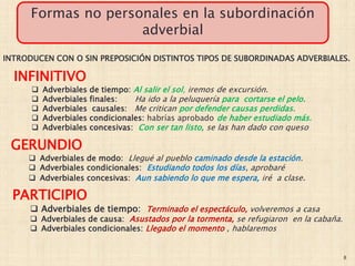 8
Formas no personales en la subordinación
adverbial
INFINITIVO
 Adverbiales de tiempo: Al salir el sol, iremos de excursión.
 Adverbiales finales: Ha ido a la peluquería para cortarse el pelo.
 Adverbiales causales: Me critican por defender causas perdidas.
 Adverbiales condicionales: habrías aprobado de haber estudiado más.
 Adverbiales concesivas: Con ser tan listo, se las han dado con queso
GERUNDIO
 Adverbiales de modo: Llegué al pueblo caminado desde la estación.
 Adverbiales condicionales: Estudiando todos los días, aprobaré
 Adverbiales concesivas: Aun sabiendo lo que me espera, iré a clase.
PARTICIPIO
 Adverbiales de tiempo: Terminado el espectáculo, volveremos a casa
 Adverbiales de causa: Asustados por la tormenta, se refugiaron en la cabaña.
 Adverbiales condicionales: Llegado el momento , hablaremos
INTRODUCEN CON O SIN PREPOSICIÓN DISTINTOS TIPOS DE SUBORDINADAS ADVERBIALES.
 