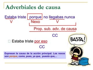 Adverbiales de causa
Estaba triste porque no llegabas nunca
V Nexo V
Prop. sub. adv. de causa
CC
Estaba triste por eso
CC
Expresan la causa de la acción principal. Los nexos
son porque, como, pues, ya que, puesto que,...
 