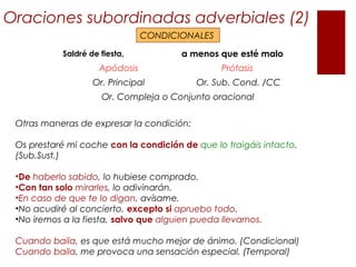 Oraciones subordinadas adverbiales (2)
CONDICIONALES
Saldré de fiesta, a menos que esté malo
Apódosis Prótasis
Or. Princip...