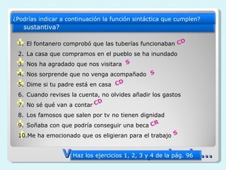 ¿Podrías indicar a continuación la función sintáctica que cumplen?
 ¿Cuáles de estas oraciones contienen una subordinada
   sustantiva?

 1. El fontanero comprobó que las tuberías funcionaban CD
 2. La casa que compramos en el pueblo se ha inundado
 3. Nos ha agradado que nos visitara S
 4. Nos sorprende que no venga acompañado S
 5. Dime si tu padre está en casa CD
 6. Cuando revises la cuenta, no olvides añadir los gastos
                            D
 7. No sé qué van a contar C
 8. Los famosos que salen por tv no tienen dignidad
 9. Soñaba con que podría conseguir una beca CR
 10.Me ha emocionado que os eligieran para el trabajo S


                 Vamos a comprobarlo…
                  Haz los ejercicios 1, 2, 3 y 4 de la pág. 96
 