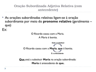 Oração Subordinada Adjetiva Relativa (com
antecedente)
 As orações subordinadas relativas ligam-se à oração
subordinante por meio do pronome relativo (geralmente –
que)
Ex:
O Ricardo casou com a Maria.
A Maria é bonita.
O Ricardo casou com a Maria, que é bonita.
Que está a substituir Maria na oração subordinada:
Maria é antecedente de que.
Está a substituir
É o antecedente
 