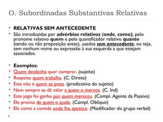O. Subordinadas Substantivas Relativas
 RELATIVAS SEM ANTECEDENTE
 São introduzidas por advérbios relativos (onde, como), pelo
pronome relativo quem e pelo quantificador relativo quanto
(tendo ou não preposição antes), usados sem antecedente, ou seja,
sem nenhum nome ou expressão à sua esquerda a que estejam
associados.
 
 Exemplos:
 Quem desdenha quer comprar. (sujeito)
 Respeito quem trabalha. (C. Direto)
 Este não é quem se pinta. (predicativo do sujeito)
 Nem sempre se dá valor a quem o merece. (C. Ind)
 Este jogo foi ganho por quem mereceu. (Compl. Agente da Passiva)
 Ele precisa de quem o ajude. (Compl. Oblíquo)
 Ele come a comida onde lhe apetece. (Modificador do grupo verbal)
 
