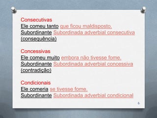 Consecutivas
Ele comeu tanto que ficou maldisposto.
Subordinante Subordinada adverbial consecutiva
(consequência)

Concessivas
Ele comeu muito embora não tivesse fome.
Subordinante Subordinada adverbial concessiva
(contradição)

Condicionais
Ele comeria se tivesse fome.
Subordinante Subordinada adverbial condicional
                                                 6
 