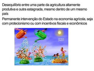 Desequilíbrio entre uma parte da agricultura altamente
produtiva e outra estagnada, mesmo dentro de um mesmo
país
Permanente intervenção do Estado na economia agrícola, seja
com protecionismo ou com incentivos fiscais e econômicos
 