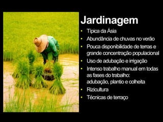 Jardinagem
• Típica da Ásia
• Abundância de chuvas no verão
• Pouca disponibilidade de terras e
  grande concentração populacional
• Uso de adubação e irrigação
• Intenso trabalho manual em todas
  as fases do trabalho:
  adubação, plantio e colheita
• Rizicultura
• Técnicas de terraço
 