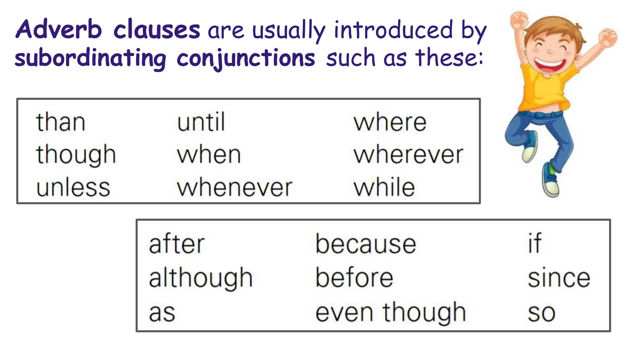 Adverb clauses are usually introduced by
subordinating conjunctions such as these:
 