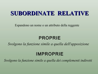 SUBORDINATE RELATIVESUBORDINATE RELATIVE
PROPRIE
IMPROPRIE
Svolgono la funzione simile a quella dell'apposizione
Svolgono la funzione simile a quella dei complementi indiretti
Espandono un nome o un attributo della reggente
 