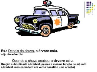 Ex.:  Depois da chuva , a árvore caiu. adjunto adverbial   Quando a chuva acabou , a árvore caiu. Oração subordinada adverbial (exerce a mesma função de adjunto adverbial, mas como tem um verbo constitui uma oração) 