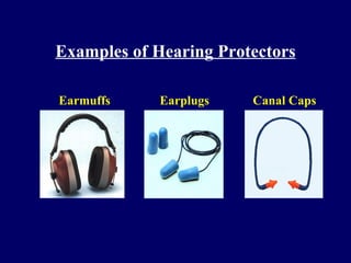 Examples of Hearing Protectors

Earmuffs     Earplugs   Canal Caps
 