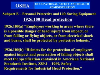 OCCUPATIONAL SAFETY AND HEALTH
       OSHA               ADMINISTRATION

Subpart E – Personal Protective and Life Saving Equipment
            1926.100 Head protection
1926.100(a) “Employees working in areas where there
is a possible danger of head injury from impact, or
from falling or flying objects, or from electrical shock
and burns, shall be protected by protective helmets.”

1926.100(b) “Helmets for the protection of employees
against impact and penetration of falling objects shall
meet the specification contained in American National
Standards Institute, Z89.1 – 1969, Safety
Requirements for Industrial Head Protection.”
 