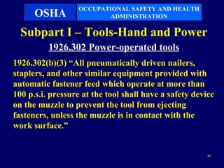 OCCUPATIONAL SAFETY AND HEALTH
      OSHA               ADMINISTRATION

  Subpart I – Tools-Hand and Power
          1926.302 Power-operated tools
1926.302(b)(3) “All pneumatically driven nailers,
staplers, and other similar equipment provided with
automatic fastener feed which operate at more than
100 p.s.i. pressure at the tool shall have a safety device
on the muzzle to prevent the tool from ejecting
fasteners, unless the muzzle is in contact with the
work surface.”


                                                        25
 
