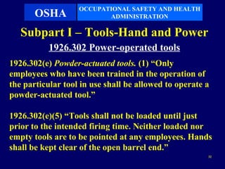 OCCUPATIONAL SAFETY AND HEALTH
       OSHA               ADMINISTRATION

   Subpart I – Tools-Hand and Power
           1926.302 Power-operated tools
1926.302(e) Powder-actuated tools. (1) “Only
employees who have been trained in the operation of
the particular tool in use shall be allowed to operate a
powder-actuated tool.”

1926.302(e)(5) “Tools shall not be loaded until just
prior to the intended firing time. Neither loaded nor
empty tools are to be pointed at any employees. Hands
shall be kept clear of the open barrel end.”
                                                       32
 