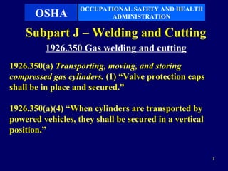 OCCUPATIONAL SAFETY AND HEALTH
       OSHA               ADMINISTRATION

    Subpart J – Welding and Cutting
         1926.350 Gas welding and cutting
1926.350(a) Transporting, moving, and storing
compressed gas cylinders. (1) “Valve protection caps
shall be in place and secured.”

1926.350(a)(4) “When cylinders are transported by
powered vehicles, they shall be secured in a vertical
position.”


                                                        2
 