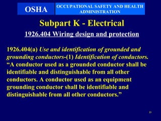 OCCUPATIONAL SAFETY AND HEALTH
      OSHA               ADMINISTRATION

            Subpart K - Electrical
      1926.404 Wiring design and protection

1926.404(a) Use and identification of grounded and
grounding conductors-(1) Identification of conductors.
“A conductor used as a grounded conductor shall be
identifiable and distinguishable from all other
conductors. A conductor used as an equipment
grounding conductor shall be identifiable and
distinguishable from all other conductors.”

                                                         23
 