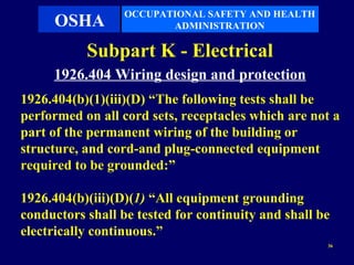 OCCUPATIONAL SAFETY AND HEALTH
     OSHA                ADMINISTRATION

           Subpart K - Electrical
     1926.404 Wiring design and protection
1926.404(b)(1)(iii)(D) “The following tests shall be
performed on all cord sets, receptacles which are not a
part of the permanent wiring of the building or
structure, and cord-and plug-connected equipment
required to be grounded:”

1926.404(b)(iii)(D)(1) “All equipment grounding
conductors shall be tested for continuity and shall be
electrically continuous.”
                                                     36
 