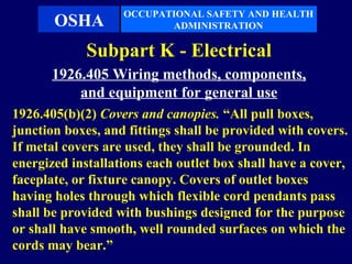 OCCUPATIONAL SAFETY AND HEALTH
       OSHA               ADMINISTRATION

             Subpart K - Electrical
      1926.405 Wiring methods, components,
          and equipment for general use
1926.405(b)(2) Covers and canopies. “All pull boxes,
junction boxes, and fittings shall be provided with covers.
If metal covers are used, they shall be grounded. In
energized installations each outlet box shall have a cover,
faceplate, or fixture canopy. Covers of outlet boxes
having holes through which flexible cord pendants pass
shall be provided with bushings designed for the purpose
or shall have smooth, well rounded surfaces on which the
cords may bear.”
 