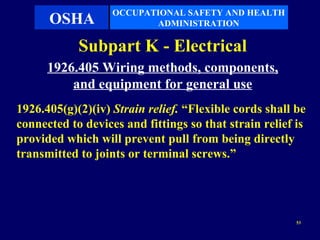 OCCUPATIONAL SAFETY AND HEALTH
      OSHA                ADMINISTRATION

            Subpart K - Electrical
      1926.405 Wiring methods, components,
          and equipment for general use
1926.405(g)(2)(iv) Strain relief. “Flexible cords shall be
connected to devices and fittings so that strain relief is
provided which will prevent pull from being directly
transmitted to joints or terminal screws.”




                                                        53
 