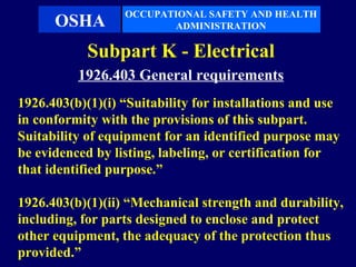 OCCUPATIONAL SAFETY AND HEALTH
      OSHA               ADMINISTRATION

            Subpart K - Electrical
          1926.403 General requirements
1926.403(b)(1)(i) “Suitability for installations and use
in conformity with the provisions of this subpart.
Suitability of equipment for an identified purpose may
be evidenced by listing, labeling, or certification for
that identified purpose.”

1926.403(b)(1)(ii) “Mechanical strength and durability,
including, for parts designed to enclose and protect
other equipment, the adequacy of the protection thus
provided.”
 