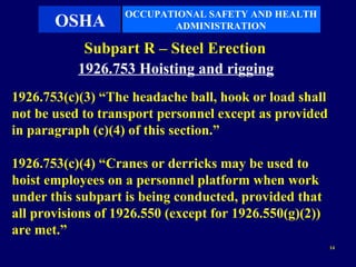 OCCUPATIONAL SAFETY AND HEALTH
       OSHA               ADMINISTRATION

            Subpart R – Steel Erection
           1926.753 Hoisting and rigging
1926.753(c)(3) “The headache ball, hook or load shall
not be used to transport personnel except as provided
in paragraph (c)(4) of this section.”

1926.753(c)(4) “Cranes or derricks may be used to
hoist employees on a personnel platform when work
under this subpart is being conducted, provided that
all provisions of 1926.550 (except for 1926.550(g)(2))
are met.”
                                                         14
 
