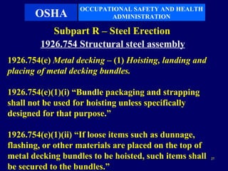 OCCUPATIONAL SAFETY AND HEALTH
       OSHA               ADMINISTRATION

           Subpart R – Steel Erection
        1926.754 Structural steel assembly
1926.754(e) Metal decking – (1) Hoisting, landing and
placing of metal decking bundles.

1926.754(e)(1)(i) “Bundle packaging and strapping
shall not be used for hoisting unless specifically
designed for that purpose.”

1926.754(e)(1)(ii) “If loose items such as dunnage,
flashing, or other materials are placed on the top of
metal decking bundles to be hoisted, such items shall   27


be secured to the bundles.”
 