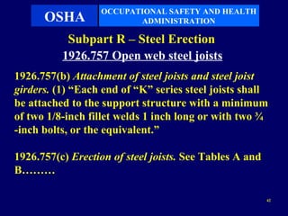 OCCUPATIONAL SAFETY AND HEALTH
      OSHA               ADMINISTRATION

           Subpart R – Steel Erection
          1926.757 Open web steel joists
1926.757(b) Attachment of steel joists and steel joist
girders. (1) “Each end of “K” series steel joists shall
be attached to the support structure with a minimum
of two 1/8-inch fillet welds 1 inch long or with two ¾
-inch bolts, or the equivalent.”

1926.757(c) Erection of steel joists. See Tables A and
B………

                                                         42
 