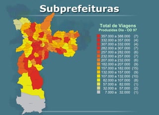 Total de Viagens Produzidas Dia - OD 97 357.000 a  388.000 (7) 332.000 a  357.000 (4) 307.000 a  332.000 (4) 282.000 a  307.000 (7) 257.000 a  282.000 (6) 232.000 a  257.000 (7) 207.000 a  232.000 (6) 182.000 a  207.000 (9) 157.000 a  182.000 (15) 132.000 a  157.000 (9) 107.000 a  132.000 (10) 82.000 a  107.000 (8) 57.000 a  82.000 (1) 32.000 a  57.000 (2) 7.000 a  32.000 (1) 