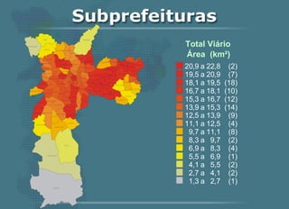 Total Viário Área  (km²) 20 ,9 a  22 ,8 (2) 19 ,5 a  20 ,9 (7) 18 ,1 a  19 ,5 (18) 16 ,7 a  18 ,1 (10) 15 ,3 a  16 ,7 (12) 13 ,9 a  15 ,3 (14) 12 ,5 a  13 ,9 (9) 11 ,1 a  12 ,5 (4) 9 ,7 a  11 ,1 (8) 8 ,3 a  9 ,7 (2) 6 ,9 a  8 ,3 (4) 5 ,5 a  6 ,9 (1) 4 ,1 a  5 ,5 (2) 2 ,7 a  4 ,1 (2) 1 ,3 a  2 ,7 (1) 