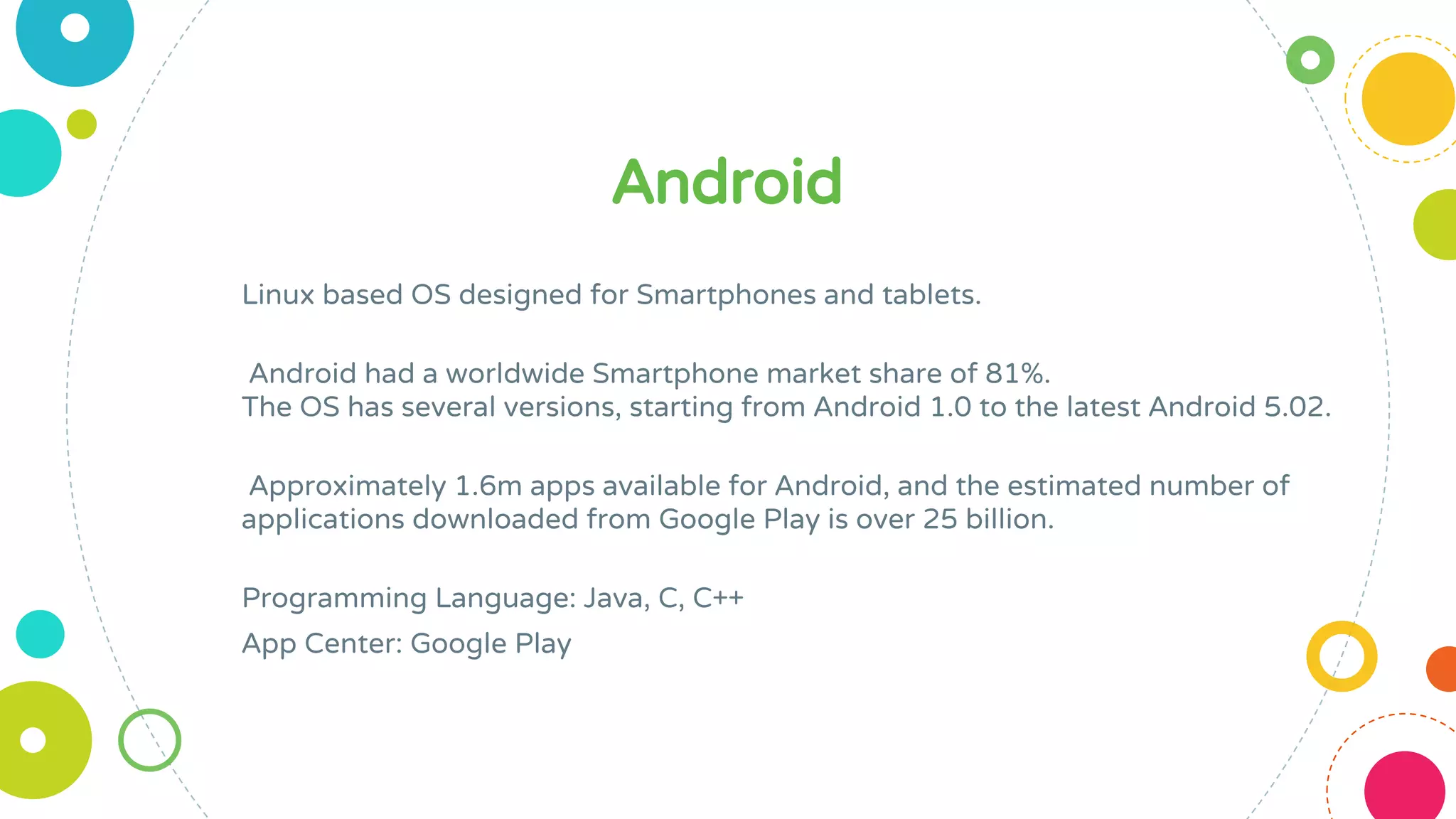 Android
Linux based OS designed for Smartphones and tablets.
Android had a worldwide Smartphone market share of 81%.
The OS has several versions, starting from Android 1.0 to the latest Android 5.02.
Approximately 1.6m apps available for Android, and the estimated number of
applications downloaded from Google Play is over 25 billion.
Programming Language: Java, C, C++
App Center: Google Play
 