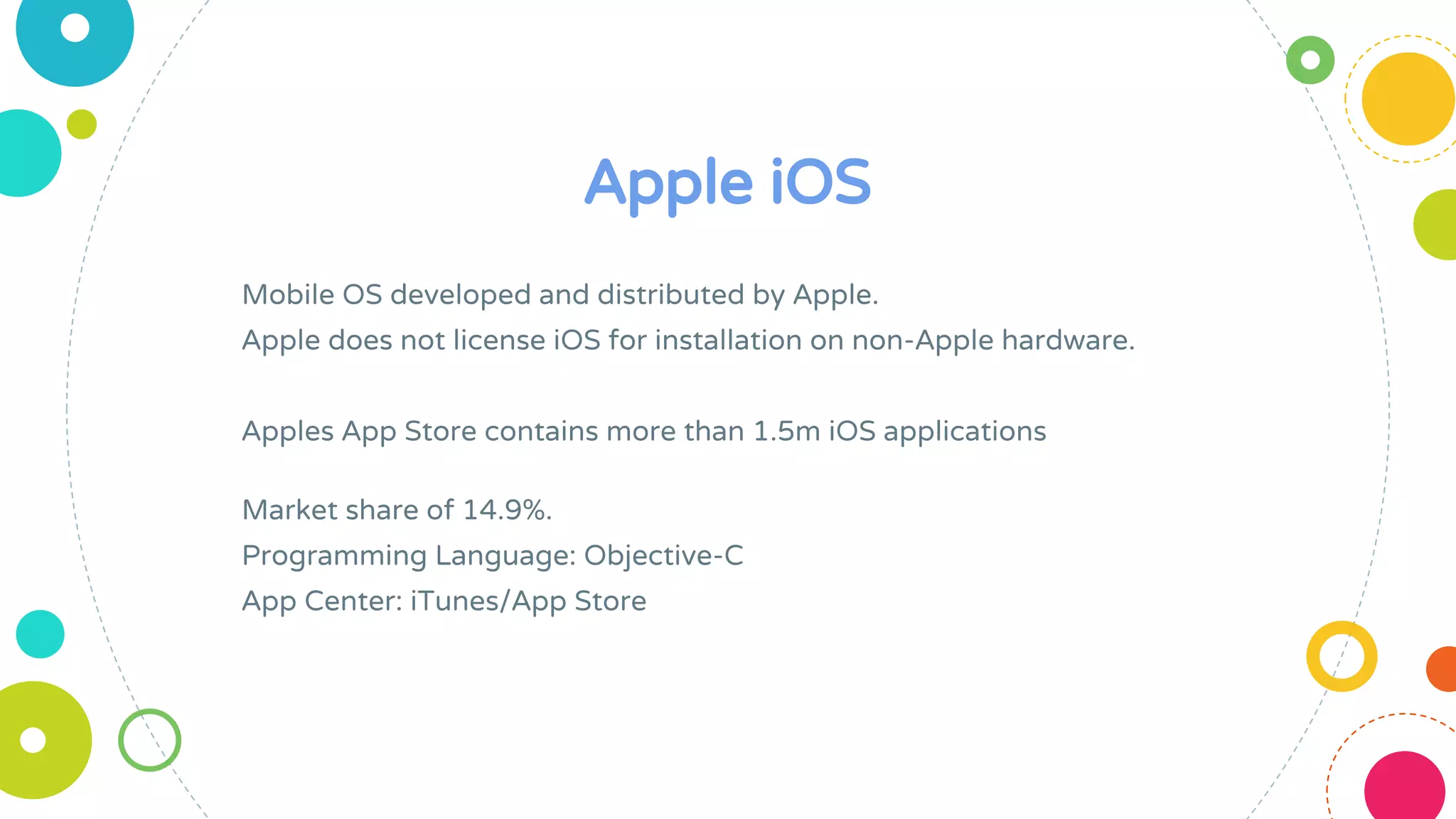 Apple iOS
Mobile OS developed and distributed by Apple.
Apple does not license iOS for installation on non-Apple hardware.
Apples App Store contains more than 1.5m iOS applications
Market share of 14.9%.
Programming Language: Objective-C
App Center: iTunes/App Store
 