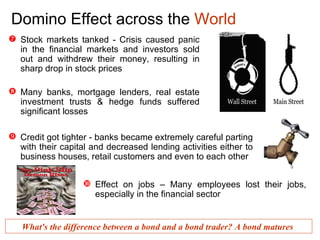 Credit got tighter - banks became extremely careful parting with their capital and decreased lending activities either to business houses, retail customers and even to each other Effect on jobs – Many employees lost their jobs, especially in the financial sector What's the difference between a bond and a bond trader? A bond matures   Domino Effect  across the  World Stock markets tanked - Crisis caused panic in the financial markets and investors sold out and withdrew their money, resulting in sharp drop in stock prices Many banks, mortgage lenders, real estate investment trusts & hedge funds suffered significant losses 