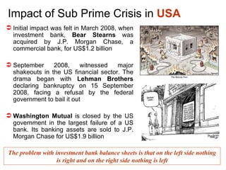Impact of Sub Prime Crisis in  USA Initial impact was felt in March 2008, when investment bank,  Bear Stearns  was acquired by J.P. Morgan Chase, a commercial bank, for US$1.2 billion September 2008, witnessed major shakeouts in the US financial sector. The drama began with  Lehman Brothers  declaring bankruptcy on 15 September 2008, facing a refusal by the federal government to bail it out Washington Mutual  is closed by the US government in the largest failure of a US bank. Its banking assets are sold to J.P. Morgan Chase for US$1.9 billion The problem with investment bank balance sheets is that on the left side nothing is right and on the right side nothing is left 