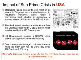 Impact of Sub Prime Crisis in  USA <ul><li>Wachovia Corp  agrees to sell most of its assets to Citigroup Inc in a deal bro...