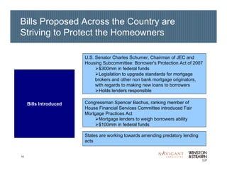 10
Bills Proposed Across the Country are
Striving to Protect the Homeowners
Bills Introduced
U.S. Senator Charles Schumer, Chairman of JEC and
Housing Subcommittee: Borrower's Protection Act of 2007
$300mm in federal funds
Legislation to upgrade standards for mortgage
brokers and other non bank mortgage originators,
with regards to making new loans to borrowers
Holds lenders responsible
Congressman Spencer Bachus, ranking member of
House Financial Services Committee introduced Fair
Mortgage Practices Act
Mortgage lenders to weigh borrowers ability
$100mm in federal funds
States are working towards amending predatory lending
acts
 