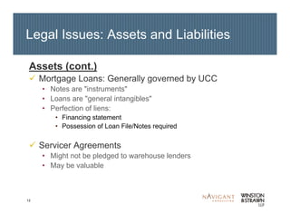 12
Legal Issues: Assets and Liabilities
Assets (cont.)
Mortgage Loans: Generally governed by UCC
• Notes are "instruments"
• Loans are "general intangibles"
• Perfection of liens:
• Financing statement
• Possession of Loan File/Notes required
Servicer Agreements
• Might not be pledged to warehouse lenders
• May be valuable
 