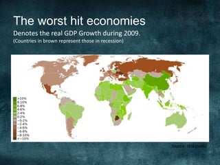 The worst hit economies
Source: Wikipedia
Denotes the real GDP Growth during 2009.
(Countries in brown represent those in recession)
 