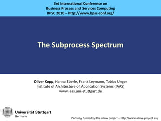 The Subprocess Spectrum 3rd International Conference on Business Process and Services Computing BPSC 2010 – http://www.bpsc-conf.org/ Partiallyfundedbytheallowproject– http://www.allow-project.eu/ 