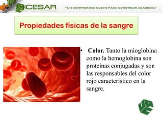 Propiedades físicas de la sangre
• Color. Tanto la mioglobina
como la hemoglobina son
proteínas conjugadas y son
las responsables del color
rojo característico en la
sangre.

 