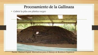 Procesamiento de la Gallinaza
• Cubrir la pila con plástico negro
Fuente: Manual Digital. Alternativas para el Manejo de Residuos Orgánicos
 