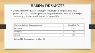 HARINA DE SANGRE
• Cuando las proteínas de la sangre, se someten a temperaturas altas
(100°C a 105ºC) durante periodos largos de tiempo (más de 2 horas) se
queman, y la harina resultante es de baja calidad.
Fuente: TKF Enggineering – trading SA
 