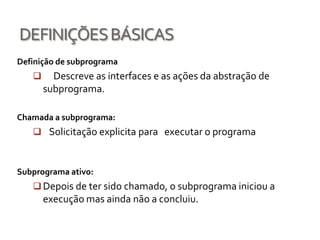 Facilita o design de algoritmos, pois um problema é dividido em subproblemasINTRODUÇÃO - VANTAGENSdouble a, b, c;            a =  Convert.ToDouble(Console.ReadLine());            b =  Convert.ToDouble(Console.ReadLine());            c = a * b / 2.0;            Console.WriteLine("Valor de A = " + a);            Console.WriteLine ("Valor de B = " + b);            Console.WriteLine("Valor de A*B/2 = " + c);            a = a / 2.0;            b = b / 2.0;            c = a * b / 2;            Console.WriteLine("Valor de A = " + a);            Console.WriteLine ("Valor de B = " + b);            Console.WriteLine("Valor de A*B/2 = " + c);double a, b,c;a =  Convert.ToDouble(Console.ReadLine());b =  Convert.ToDouble(Console.ReadLine());c = a * b / 2.0;imprimir(a, b);a = a / 2.0;b = b / 2.0;c = a * b / 2;imprimir(a, b);