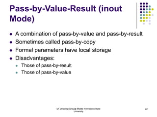Dr. Zhijiang Dong @ Middle Tennessee State
University
22
Pass-by-Value-Result (inout
Mode)
 A combination of pass-by-value and pass-by-result
 Sometimes called pass-by-copy
 Formal parameters have local storage
 Disadvantages:
 Those of pass-by-result
 Those of pass-by-value
 