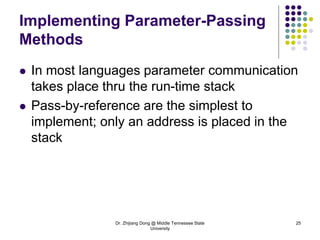 Dr. Zhijiang Dong @ Middle Tennessee State
University
25
Implementing Parameter-Passing
Methods
 In most languages parameter communication
takes place thru the run-time stack
 Pass-by-reference are the simplest to
implement; only an address is placed in the
stack
 