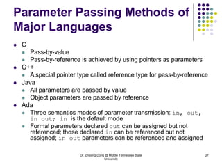 Dr. Zhijiang Dong @ Middle Tennessee State
University
27
Parameter Passing Methods of
Major Languages
 C
 Pass-by-value
 Pass-by-reference is achieved by using pointers as parameters
 C++
 A special pointer type called reference type for pass-by-reference
 Java
 All parameters are passed by value
 Object parameters are passed by reference
 Ada
 Three semantics modes of parameter transmission: in, out,
in out; in is the default mode
 Formal parameters declared out can be assigned but not
referenced; those declared in can be referenced but not
assigned; in out parameters can be referenced and assigned
 