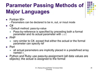 Dr. Zhijiang Dong @ Middle Tennessee State
University
28
Parameter Passing Methods of
Major Languages
 Fortran 95+
- Parameters can be declared to be in, out, or inout mode
 C#
- Default method: pass-by-value
 Pass-by-reference is specified by preceding both a formal
parameter and its actual parameter with ref
 PHP
 very similar to C#, except that either the actual or the formal
parameter can specify ref
 Perl
 all actual parameters are implicitly placed in a predefined array
named @_
 Python and Ruby use pass-by-assignment (all data values are
objects); the actual is assigned to the formal
 