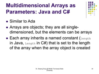 Dr. Zhijiang Dong @ Middle Tennessee State
University
34
Multidimensional Arrays as
Parameters: Java and C#
 Similar to Ada
 Arrays are objects; they are all single-
dimensioned, but the elements can be arrays
 Each array inherits a named constant (length
in Java, Length in C#) that is set to the length
of the array when the array object is created
 