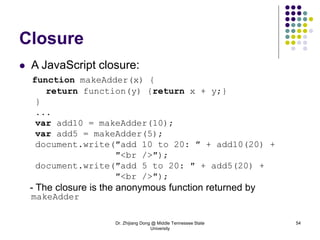 Dr. Zhijiang Dong @ Middle Tennessee State
University
54
Closure
 A JavaScript closure:
function makeAdder(x) {
return function(y) {return x + y;}
}
...
var add10 = makeAdder(10);
var add5 = makeAdder(5);
document.write(″add 10 to 20: ″ + add10(20) +
″<br />″);
document.write(″add 5 to 20: ″ + add5(20) +
″<br />″);
- The closure is the anonymous function returned by
makeAdder
 
