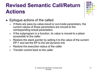 Dr. Zhijiang Dong @ Middle Tennessee State
University
73
Revised Semantic Call/Return
Actions
 Epilogue actions of the called:
 If there are pass-by-value-result or out-mode parameters, the
current values of those parameters are moved to the
corresponding actual parameters
 If the subprogram is a function, its value is moved to a place
accessible to the caller
 Restore the stack pointer by setting it to the value of the current
EP-1 and set the EP to the old dynamic link
 Restore the execution status of the caller
 Transfer control back to the caller
 