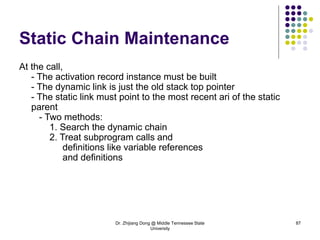 Dr. Zhijiang Dong @ Middle Tennessee State
University
87
Static Chain Maintenance
At the call,
- The activation record instance must be built
- The dynamic link is just the old stack top pointer
- The static link must point to the most recent ari of the static
parent
- Two methods:
1. Search the dynamic chain
2. Treat subprogram calls and
definitions like variable references
and definitions
 