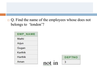  Q. Find the name of the employees whose does not
belongs to ‘london’?
 
