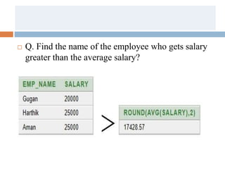  Q. Find the name of the employee who gets salary
greater than the average salary?
 